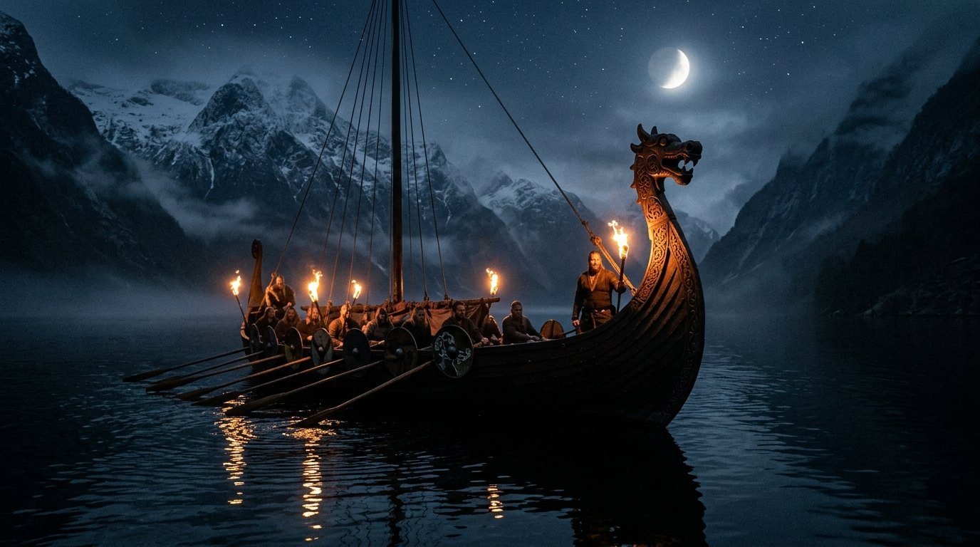 Drakkar viking de nuit sur un fjord