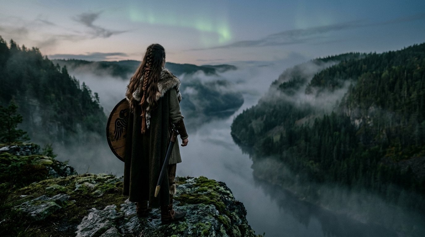 Guerrière viking devant un fjord de Norvège