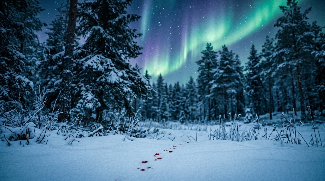 Forêt enneigée sous une aurore boréale, traces de sang dans la neige