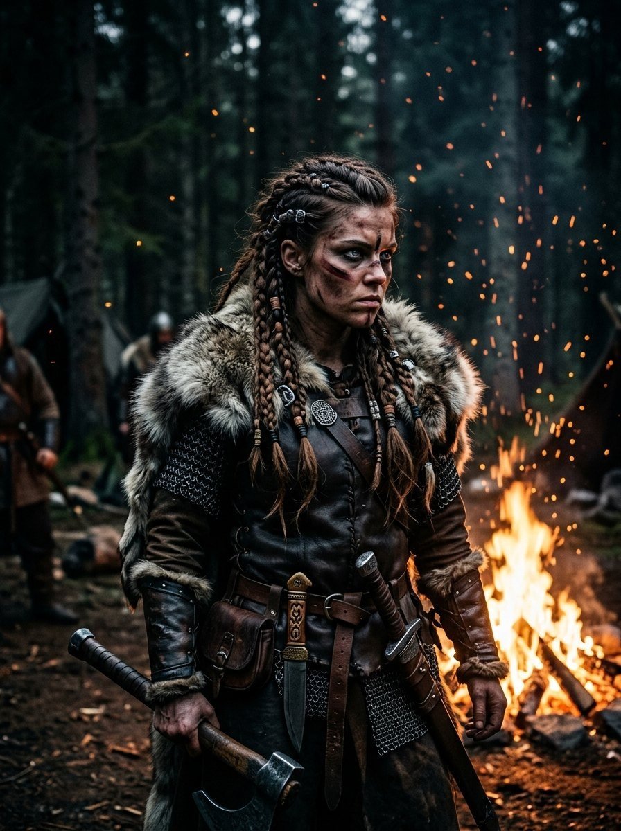 Kaldiss, guerrière viking près d'un feu de camp