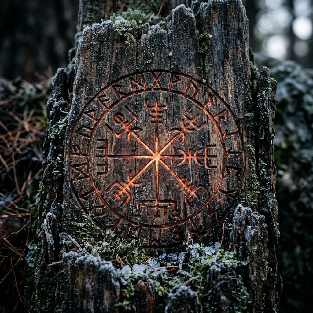 Vegvísir gravé dans le bois, lignes incandescentes