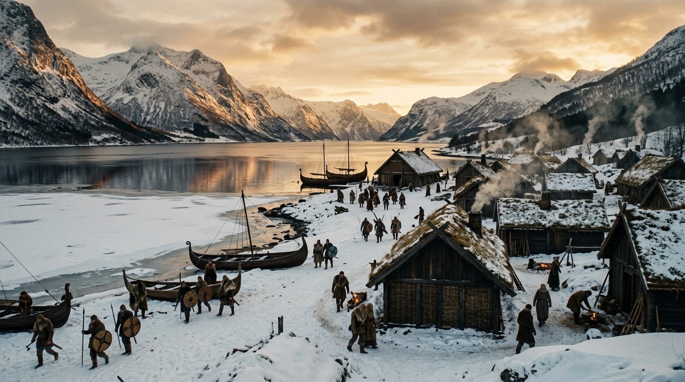 Village viking en hiver au bord d'un fjord